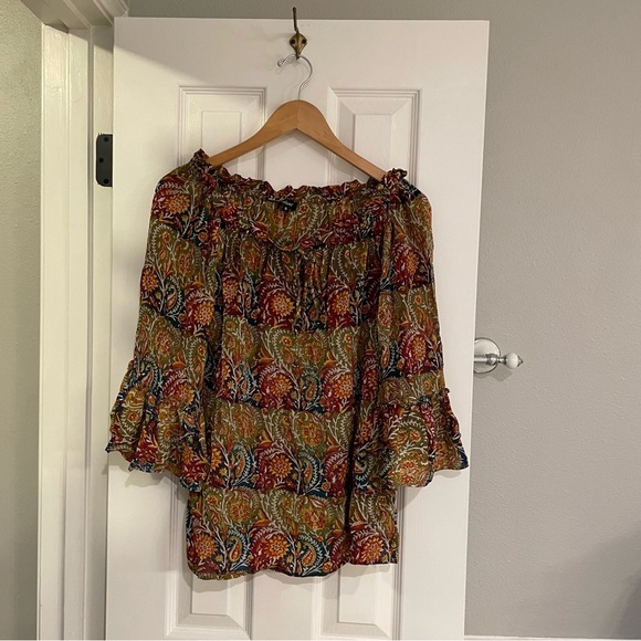 Tolani Silk Paisley Ruffle Trim Off the Shoulder Top Small - Picture 2 of 7